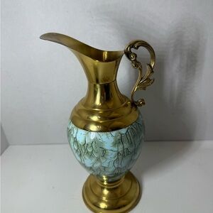 VTG J Kruft Delft Holland Brass & Marbled Green Serving Pitcher Vase Ornate